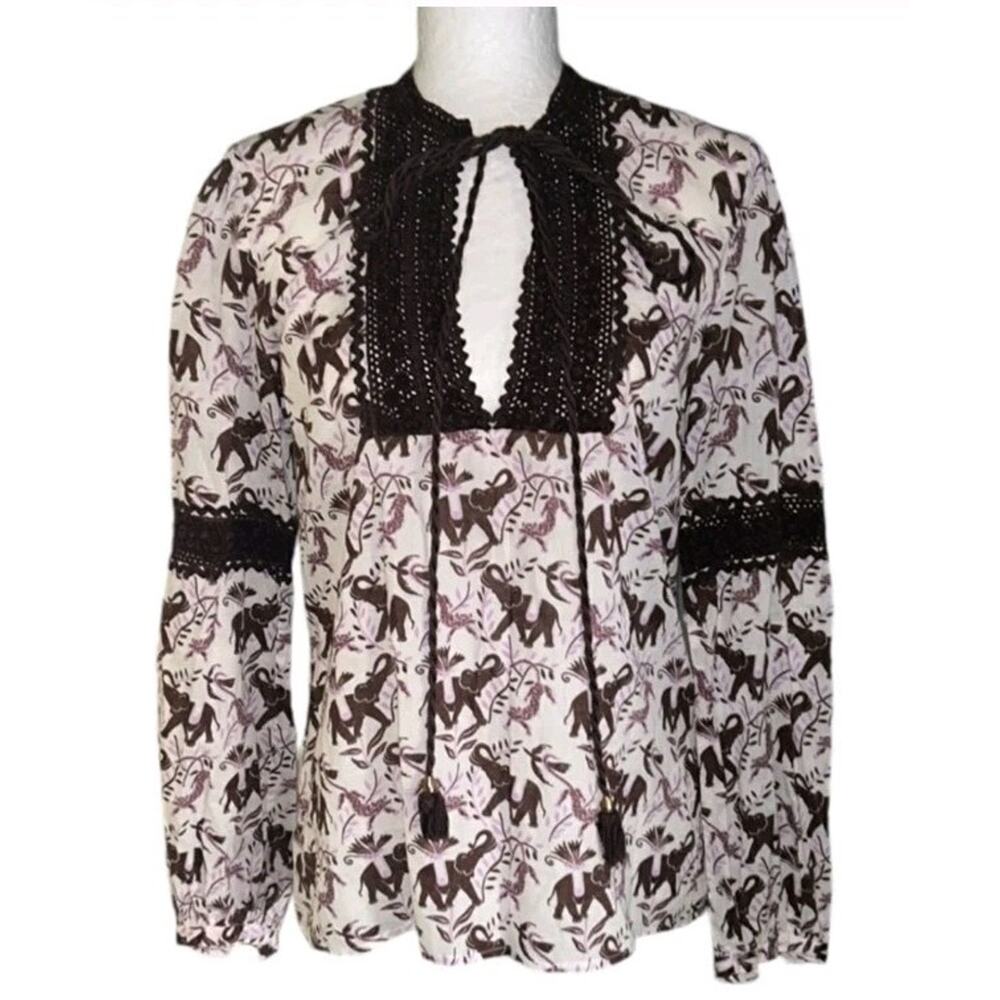 Tory Burch Cotton Embroidered Tunic Top Sz 8 Elephant Cheetah Print Boho (h